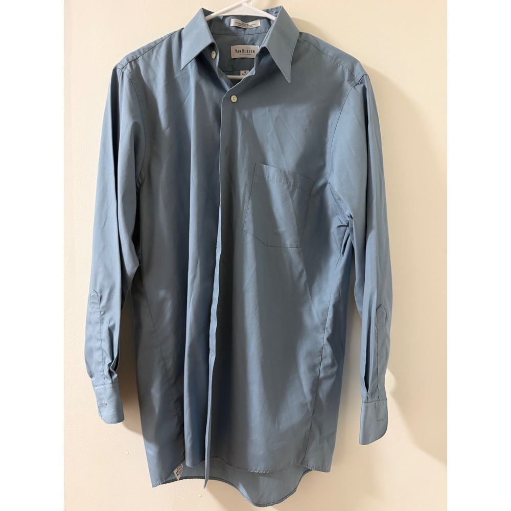 Van Heusen Button Down Shirt Mens 15 32/33 Blue Good Poplin Long Sleeve